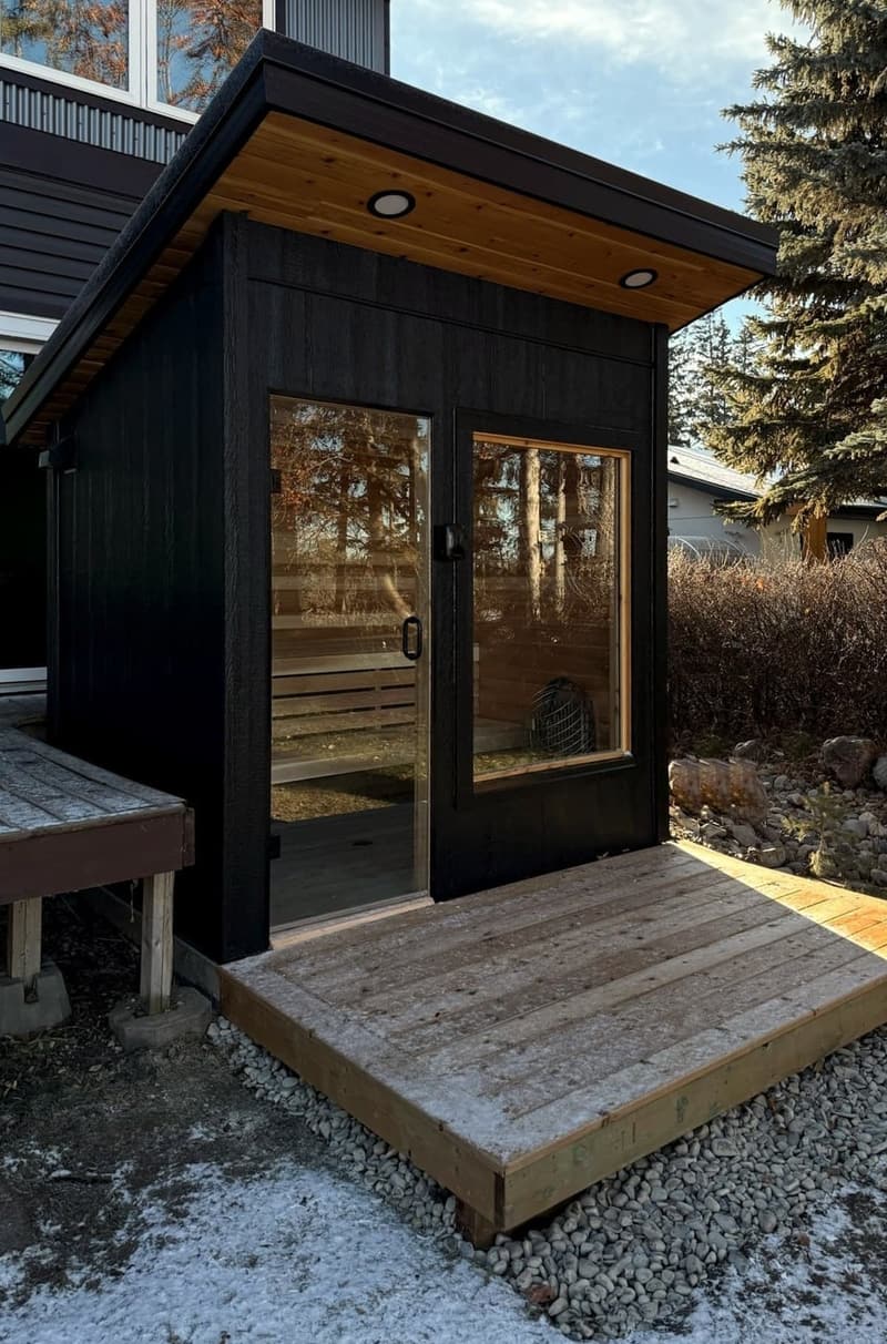 A black-clad backyard sauna with a glass door, a wood soffit and a small wood deck